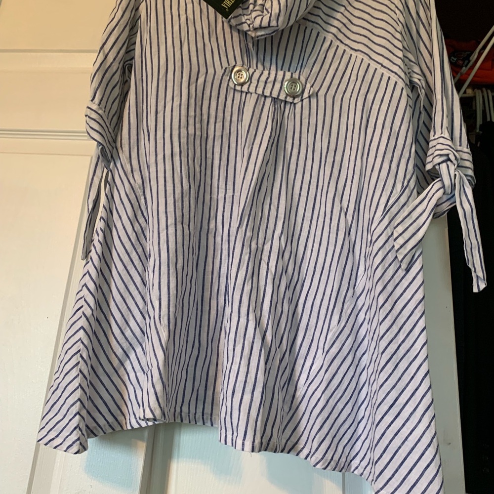 Blue and White pinstriped hooded jacket.